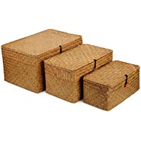 DOKOT Seagrass Cestas Mimbre Decoración Cesto de Almacenaje con Tapa Rectangular Tejido de Ratán Caja con Tapa 3 Piezas…